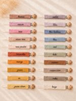 Attache tétine brodée prénom, accessoire bébé personnalisé, clip bois naturel, cadeau naissance baptême baby shower, coton 20 coloris – Image 4