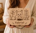 Coffret naissance bois renard gravé prénom bébé, valisette personnalisée et hochet gravé, cadeau naissance/ baptême original brodé en France – Image 3