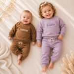 Ensemble pull et pantalon bébé brodé prénom, cadeau naissance baptême, tenue coton doux personnalisée